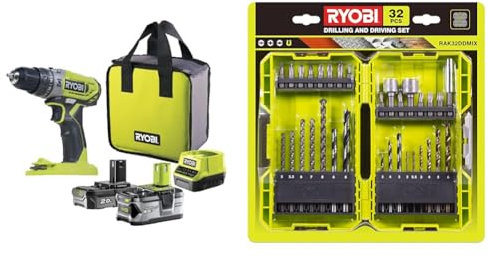 Ryobi - Perceuse-visseuse à percussion 18V ONE+ avec 1 batterie Lithium+ 2,0 Ah & 1 batterie & Coffret Empilable 32 Accessoires Mixtes Perçage - Vissage - Boulonnage + 1 Porte-embout PH