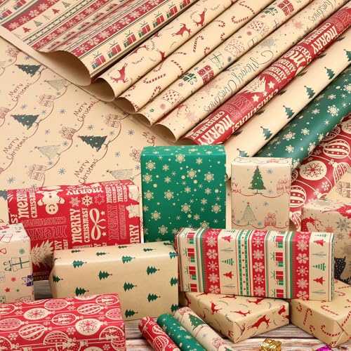 HOWAF Carta Regalo Natale Vintage per Bambini, 10 Fogli Rosso Bianca Verde Oro, 70 cm x 50cm