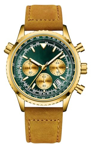 RORIOS Multifunctional Watches for Men Aeronautical Flight Chronograph Wristwatch Simple Quartz Wrist Watch Casual Stainless Steel with Leather Strap Green Gold