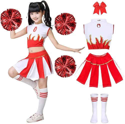 PIXUYE Deguisement Pompom Girl Fille Costume De Cheerleader Enfant Avec Pompons Et Chaussettes Uniforme De Pom-Pom Girl Costume Carnaval Cosplay Mascarade Halloween FêTe Performance,Red-120