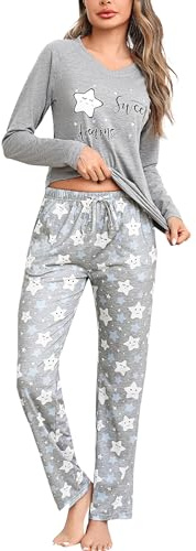 Litherday Pyjama Femme Hiver Ensemble de Pyjama Femme Coton Vêtement de Nuit à Manches Longues Vêtements de Nuit Automne avec Poches Gris XL