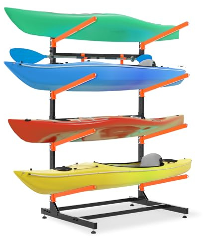 UOKRR 4 Kayak Storage Rack, Freestanding Kayak Racks for Garage, Heavy Duty Adjustable Kayak Stand Indoor Outdoor Storage Rack for Kayaks, Canoes, Surfboard & Paddleboard (4 Levels with paddle hook)