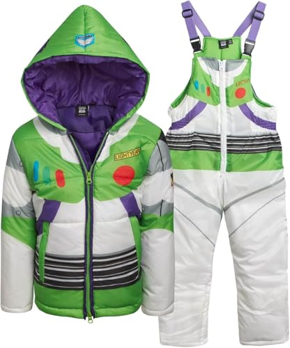 Disney Toddler Boys Snow Suit Set - 2 Piece Toy Story Mickey Mouse Cars Insulated Winter Jacket and Ski Bib Overalls for Boys, Size 5-6, Buzz Light Year