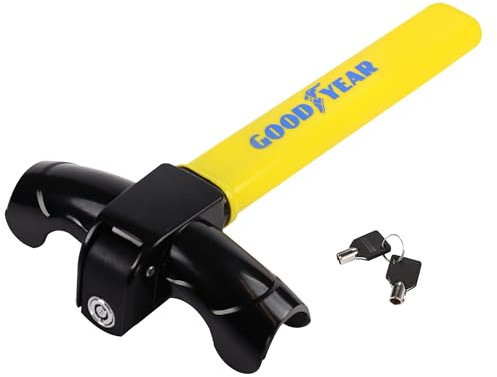 Goodyear T-Shape Steering Wheel Lock| Anti-Theft Heavy Duty Security Device for Cars, SUVs, and Trucks locks | Universal Fit | Durable Construction and Easy to Use | High-Visibility Yellow