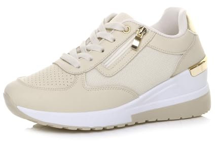 AJVANI Womens Ladies mid Wedge Heel Gold Trim lace up Trainers Sneakers Size 6 39