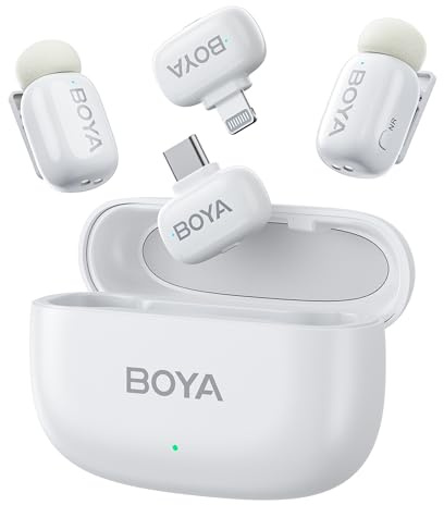 BOYA Boyamini-13 - Microfono 4 in 1 per Android/iPhone, con cancellazione intelligente del rumore e custodia di ricarica, clip in metallo sul microfono, Vlogging, TikTok, creatore di contenuti YouTube