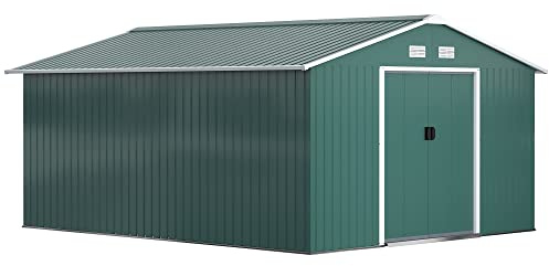 Outsunny Gerätehaus 12,4 m², Gartenhaus mit Satteldach, Schiebetür, Fundament, 386 x 340 x 200 cm, Geräteschuppen aus Verzinkter Stahl, wetterfest, für Garten, Dunkelgrün