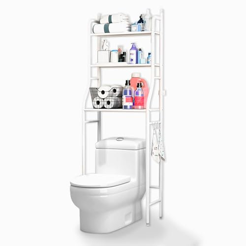 JUPPLIES Estanteria Baño sobre Inodoro (47×26×153 cm) – Mueble Baño Auxiliar de 3 Niveles de Metal con Patas Regulables y Soporte Antivuelco, Organizador para Toallas, Lavadora o WC - Blanco