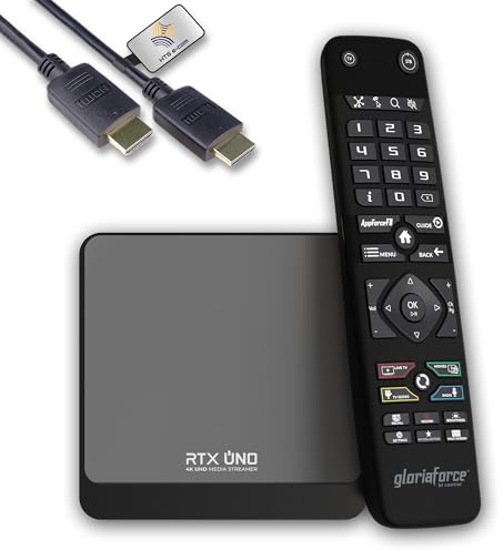 GloriaForce RTX UNO 4K UHD Android 11.0 TV Box 2GB RAM, 16 GB Flash, LAN 1 Gbps, 5G WLAN, App Force II, S905X4 Quad core ARM Cortex A55, GPU ARM G31, BT Telecomando, HTS e-com HDMI