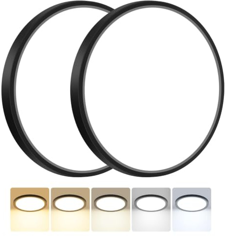 Peasur 2Pack Bathroom Light Ø30CM, 3000K/3500K/4000K/5000K/6500K 5 Color Temperature LED Ceiling Light, 24W 2800LM,Waterproof, Round, Modern, Flush Ceiling Light for Bathroom, Kitchen, Bedroom(Black)