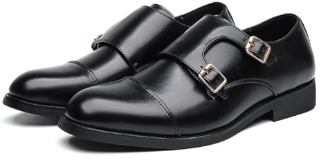 LMUIPMAA Hommes Double Monk Boucle Cap Toe Affaires Mocassins Casual Confort Cuir Pull-on Chaussures Habillées Formelles,Noir,41 EU