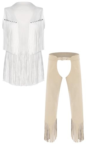 Alvivi Déguisement Cow-boy Western Homme Ensemble Gilet À Franges Pantalon Chaps De Cow-boy Carnaval Halloween Clubwear Blanc A L