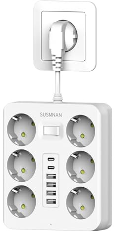 Regletas Enchufes, Ladron Enchufes con 6 Puertos USB(4 USB A+2 USB C) y 6 Tomas, Alargador Enchufe, 2500W/10A, Enchufe Multiple para Casa, Oficina, Cocina, Blanco