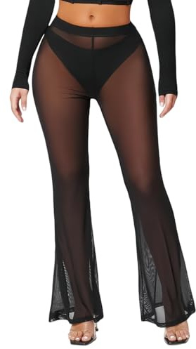 RuiChy Pantalones de Malla de Piernas Anchas para Mujer Pantalones Transparentes de Cobertura para Playa, Pantalones Negros de Cintura Alta Sheer Transparentes Acampanados para Fiesta XL