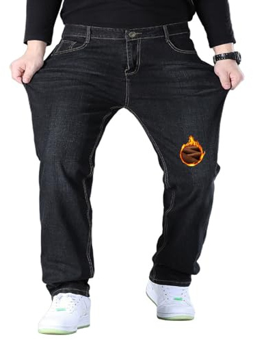 Wonyier Mens Plus Size Stretch Jeans Mid Rise Fleece Lined Big and Tall Baggy Jeans Relaxed Fit Warm Winter Denim Pants