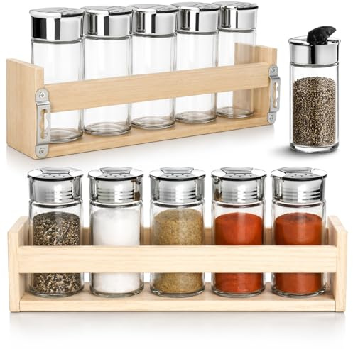 COM-FOUR® set da 12 spargi spezie, barattoli con coperchio nel supporto in legno, saliera e pepiera per cucina e ordine in design moderno (Set da 12 pezzi - shaker/scaffale)