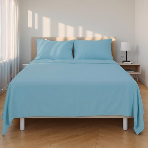 Etrexonline Juego de Sábanas 4 Piezas Cama 180 cm - Microfibra Ultra Suave Incluye 1 Bajera Ajustable 180x200+30 cm, 1 Encimera 250x270 cm, y 2 Fundas de Almohadas 50x80 cm - Color Azul Liso