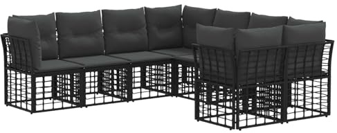 Qnhdfrt Set di mobili da giardino da 8 pezzi, divano modulare per esterni, in nero e grigio scuro, comodo gruppo di sedute con cuscini per seduta e schienale, per giardino e terrazza, effetto rattan