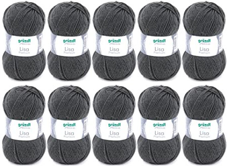 Gründl Wolle Lisa Premium uni - Garn zum Stricken - Strickgarn - Häkelgarn - Weich und hautfreundlich - 100% Polyacryl 10 Knäuel 50 g / 133 m - Nadelstärke 3,5-4,5 - Anthrazit