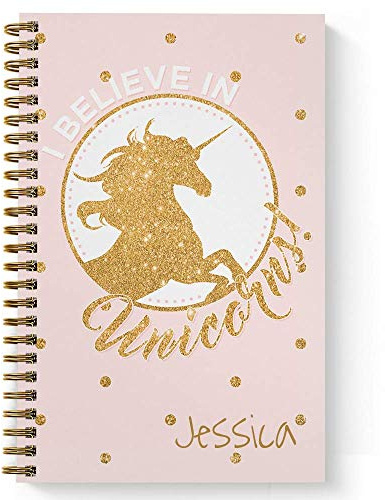 Gotcha Covered Notebooks Golden Unicorn Personalized Faux Glitter Notebook/Journal, Laminated Soft Cover, 120 pages of your selected paper, lay flat wire-o spiral. Size: 5.5” x 8.5”. Made in the USA