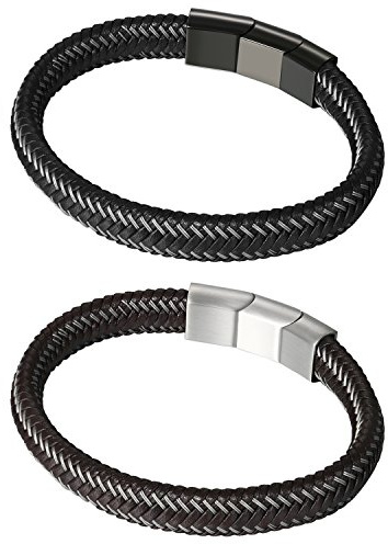 Flongo 2 stycken läderarmband, rostfritt stål läder armband armring manschett rep svart silver flätad med förlängning magnet spänne, 21.5 centimeters, Läder