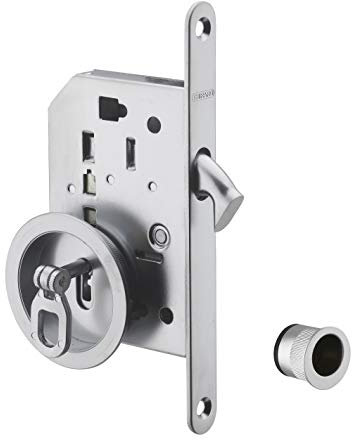 THIRARD - Serrure Encastrable à Crochet à Clé pour Porte Coulissante - Axe 50 mm - Bouts Ronds - Coffre Acier Embouti - Pêne Crochet - Gâche Plate - Poignées Cuvette - Installation Facile - Gris