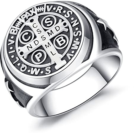 Friggem Anillo de Sello para Hombre Mujer Plata de Ley 925 Anillo San Benito Cruzado Vintage Joyería Religiosa Hip Hop Regalo (17)