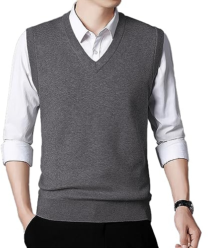 KUYIGO Gilet Maglione Uomo Collo a V Maglione Lavorato a Maglia Pullover Senza Maniche S Grigio Scuro