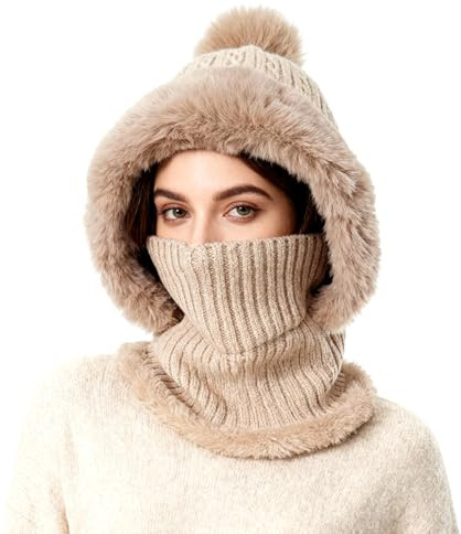 TAGVO Vinter varm stickad mössa och halsvärmare set, kvinnor stickad balaklava vindtät skimask, flexibel mössa hatt med hårboll, mjuk tjock fleecefodrad, justerbar ansiktsmask för utomhussport,