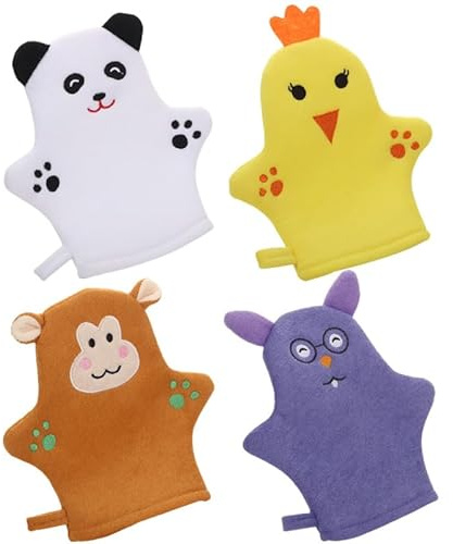 SEWOART 4Er-Pack Kinder Badehandschuhe Mit Cartoon Tierformen Weiche Peelinghandschuhe Für Körperreinigung Und Sanfte Massage Schäumende Duschhandschuhe Für Badewannen Und Duschen