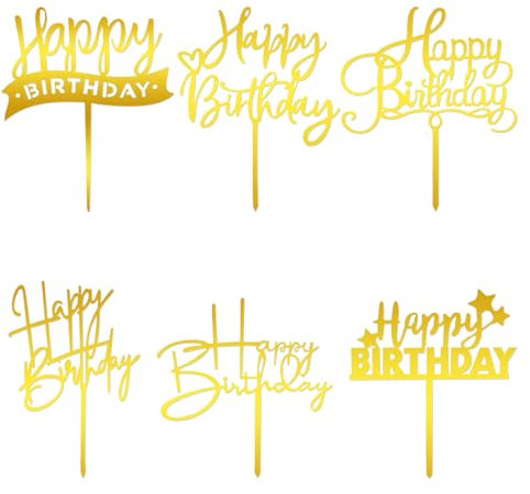 6 Pcs Gold Happy Birthday Sign - Acrylic Cake Toppers - Personalized Golden Cupcake Toppers - Cake Decor Supplies