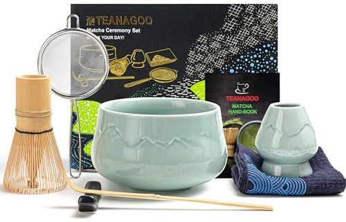 TEANAGOO Matcha Set (7pcs) Matcha Whisk Mtacha Kit Matcha Bowl with Pouring Spout Bamboo Matcha Whisk (Chasen) Scoop (chashaku) Whisk Holder. N26, Celadon Blue, Matcha Green Tea Powder…