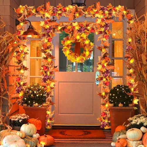 CHANCCI 2 Pack Artificial Maple Leaves Garland, 5.9Ft Autumn Garland With 40 LED String Lights for Halloween Indoor Outdoor Home Decorations