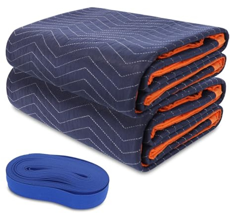2 st rörliga filtar 182 x 203 cm med 1 st 497 cm utökat gummiband – robust quiltad rörlig filt, rivbeständig – utmärkt för att flytta förvaring, husdjursskador och mer (svart/blå, 4 kg vikt)
