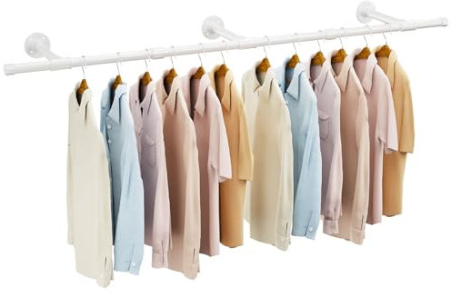 IBUYKE Barra Ropa Pared de 156cm, Barra Perchero de Pared de Tubo Metálico Industrial con Capacidad de Carga de 50kg, Barra Armario para Ropa Extraíble en el Hogar, Blanco TYJ007W