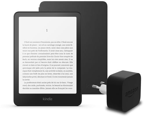 Le dernier Kindle Paperwhite (version 2024) 16 GB sans publicité, une housse en tissu Amazon et un adaptateur secteur Amazon Powerfast 9 W.