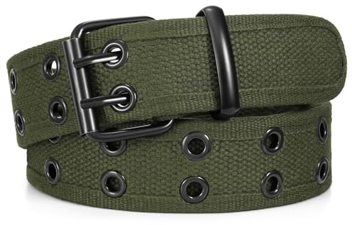 JasGood Cinturón con remaches de doble orificio de lona para hombre y mujer, unisex, informal, cinturón de tela, cinturón negro para pantalones vaqueros, Verde militar., 135cm(Passt Taillenumfang