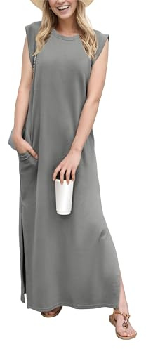 GRECERELLE Summer Maxi Dress Wedding Guest Maternity Party Casual Shirt Elegant Sleeveless Dresses for Ladies with Split and Pockets (Light Grey,XL)