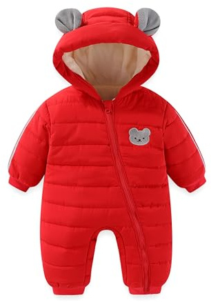 JiAmy Infant Snowsuit Baby Hooded Winter Clothes Baby Bear Outfit Zipper Romper Jumpsuit Red 9-12 Months