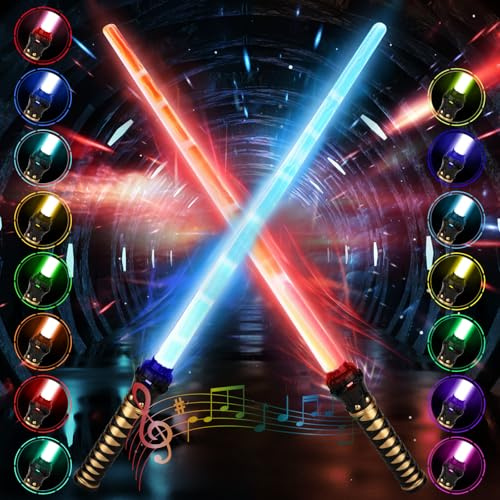 MKAKYES Spada Laser, 2 Pezzi 2 in 1 Lightsaber Telescopiche Giocattolo, 15 Colori Modificabili con Luci LED Ed Effetti Sonori per Bambini Adulti Adolescenti, Spade Laser per Halloween Cosplay