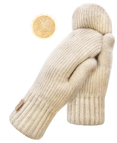 YUHAN PRETTY Winter Mittens for Women Warm Fleece Cozy Knit Thick Thermal Wool Snow Gloves & Mittens for Cold Weather Gifts(Beige)