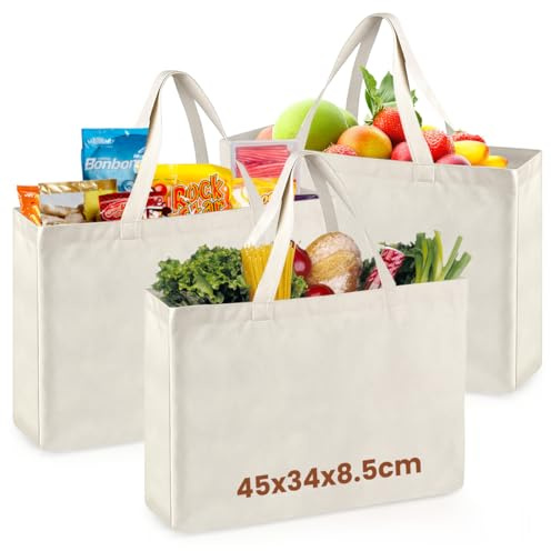 VGECEE 3 Pack Bolsa Compra Lona Bolsa 45x34x8.5cm Compra Reutilizable Plegable Tote Bag de Lona Bolsa Compra Tela Fuerte Ligeras y Large con Asas 22cm para Compra Diaria Shopping Camping, Blanco