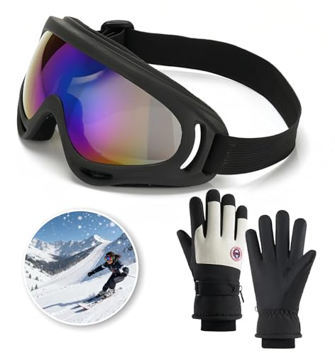Kiuiom Antivento Occhiali da Neve,Guanti Caldi Isolati,Maschera da Sci E Guanti da Sci Per Alpinismo,Ciclismo,Corsa,Escursionismo,Antiappannamento,Antivento,Impermeabili,Uomo e Donna