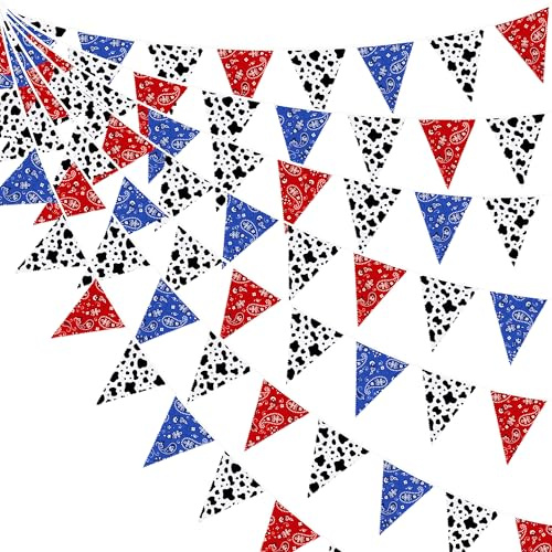 32Ft Red Blue Paisley Bunting Banner Western Cowboy Theme Party Decorations Fabric Pennant Triangle Flag Garland for Yee Haw Country Bandana Birthday Baby Shower Farm Wild West Outdoor Garden Party