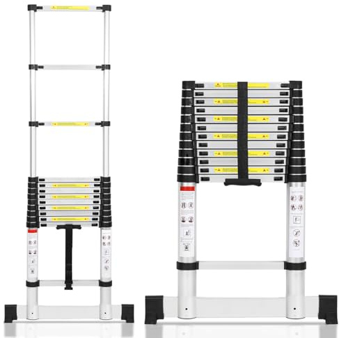 Cecaylie Teleskopstege i aluminium, 3,8 m, utdragbar stege med stabilisator, halkfri aluminiumledare stående stege, multifunktionsstege, utdragbar aluminiumledare, 150 kg lastkapacitet