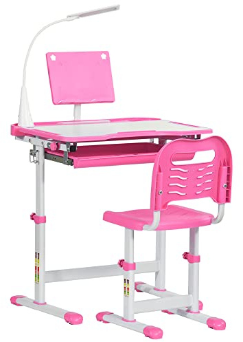 HOMCOM Ensemble chaise et bureau pour enfants avec lampe LED, hauteur réglable, table et chaise d'étude pour enfants, plateau incliné, support de lecture, boîte à stylos, tiroir et porte-gobelet, rose