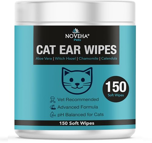 NOVEHA 150 PCs Cat Ear Wipes that Gently Clean & Soothe Sensitive Cat Ears; Soft Ear Cleaner for Removing Wax, Dirt & Odor; Alcohol-Free Ear Care with pH Balanced Formula; Unscented Grooming Care