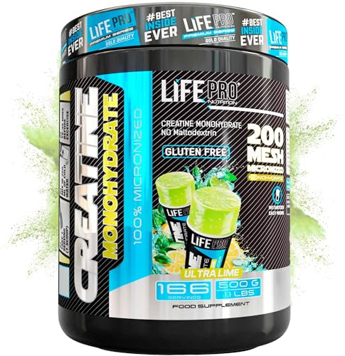 Life Pro Creatina Monohidratada 200 Mesh Micronizada, Creatina Polvo con 99.9% Pureza, Aumenta Resistencia y Fuerza, Absorción Rápida, Entrenamiento y Rendimiento Deportivo (500g, Ultralime)
