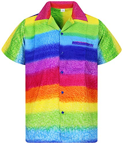 V.H.O. Funky Hawaiiskjorta | herr | kort ärm | framficka | Hawaii-Print | Regnbågsränder horisontell