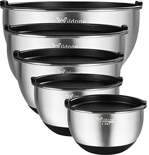 Wildone Mixing Bowls with Airtight Lids, Stainless Steel Nesting Mixing Bowls Set of 5, with Non-slip Silicone Bottoms, Size 8, 5, 3, 2, 1.5 QT, Stackable Design, Great for Mixing and Prepping